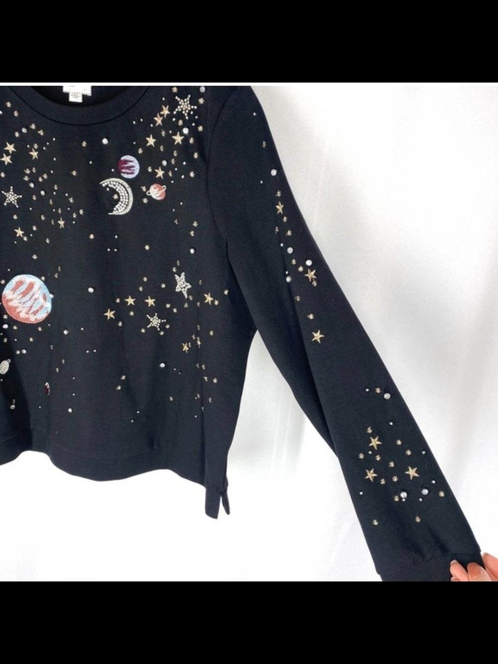 NEW Anthropologie Cosmic Galaxy Black Beaded Moon Space Star Sweatshirt Top - Picture 7 of 9